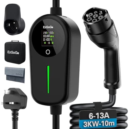 Image of EzGoGo EV Charger 3 Pin Plug 32.81Ft/10M Type 2 Charging Cable 3kW, [6/8/10/13A] Electric Car Charger IP65 Advanced Protection car charging cable Suitable for EVs & PHEVs