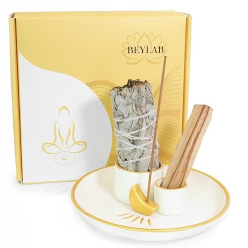 Image of BEYLAB 4 in 1 Incense Burner Holder moon, Palo Santo Holder, Sage Holder for Burning, Incense Holder for Sticks, Smudge bowl, 5.9 inches Ceramic Ash Catcher Tray for Meditation Yoga Room (moon)