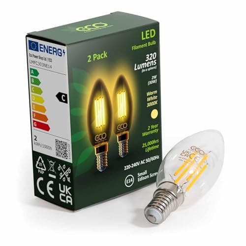 Image of ECO 30W Equivalent 2W LED Filament Candle Light Bulb, 320 Lumens, Warm White 3000K, E14 SES Small Edison Screw, 25,000hrs Lifetime. [Energy Class C] (E14 Small Screw, 2, Count)