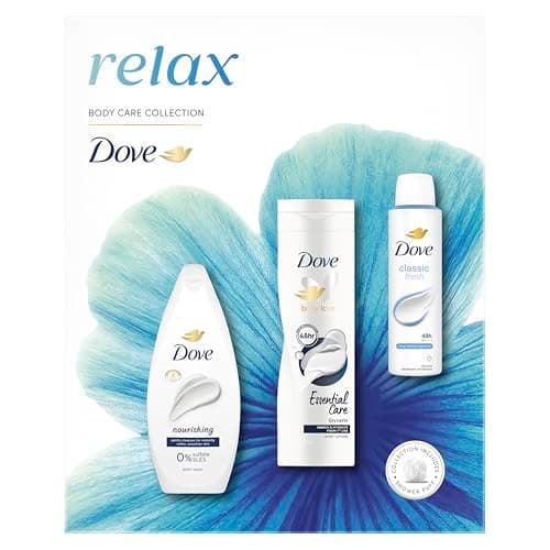 Image of Dove Relax Trio Gift Set with a body wash, a body lotion, an anti-perspirant and a Shower Puff perfect gifts for her 3 piece