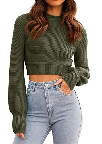 Image of GeGekoko Womens Jumpers Sweatshirt Sexy Crew Neck Cropped Sweaters Ribbed Knit Long Sleeve Crop Tops Pullover ArmyGreen