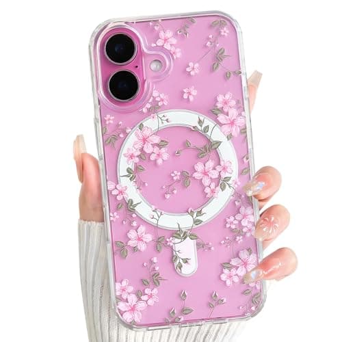 Image of NITITOP Compatible with iPhone 16 Plus Case Magnetic Clear Cute Floral Flower Compatible with MagSafe Aesthetic for Women Girls Vintage Hard PC Back Shockproof Protective Cover - Pink