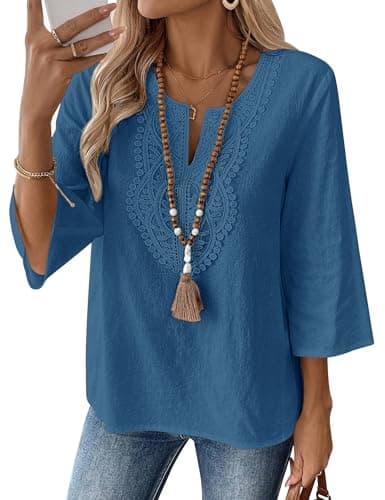Image of Rapbin Womens Tops 3/4 Sleeve Spring Summer Cotton Linen Casual Loose Fit Blouses V Neck Vintage Boho Fashion Shirts Dark Blue XL