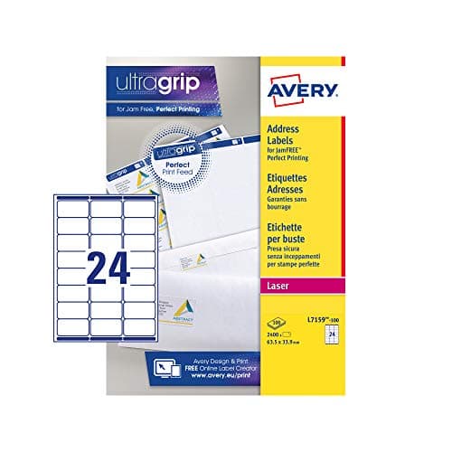 Image of Avery JamFREE, Printable, Address Labels, Customisable, 63.5 x 33.9 mm, White, 24 Labels per Sheet, 2400 Blank Labels per Pack (L7159-100)