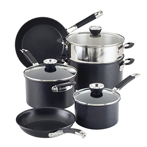 Image of Anolon SmartStack Hard Anodized Nonstick Induction Nesting Cookware/Pots and Pans Set, Dishwasher Safe, 9 Piece - Black