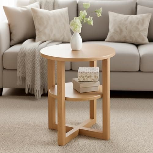 Image of Dylex Oak Effect Round Coffee Table, Side Table with 2 Shelves, Sofa End Table, Lamp/Plant Table for Living Room, Bedroom, Hallway