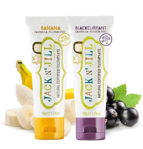 Image of Jack N’ Jill Natural Certified Kids Toothpaste – Fluoride-Free Toddler & Baby Toothpaste with 40% Xylitol, No Sugar, Suitable from 6 Months+, Banana & Blackcurrant Flavour, Pack of 2 (50g Each)