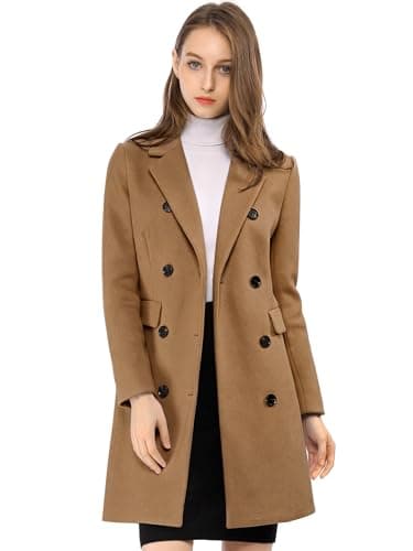 Image of Allegra K Women's Winter Coat Elegant Notched Lapel Double Breasted Trench Coat Camel M