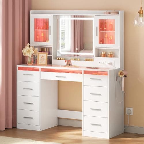 Image of WOLTU Dressing Table with Mirror and RGB Lights, Charging Station, Vanity Desk with 9 Drawers 2 Doors, Transparent Tempered Glass Tabletop Makeup Desk for Bedroom, White