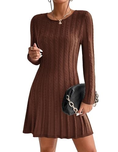Image of HOTOUCH Winter Jumper Dresses for Women UK Dress Knitted Cocktail Sweaters Casual Crew Neck Mididress Fall Brown L