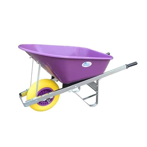 Image of Equimed Garden Wheelbarrow - Trolley with 120L Plastic Bucket, Puncture-Proof PU Wheel, Galvanised Frame (Purple/Yellow)