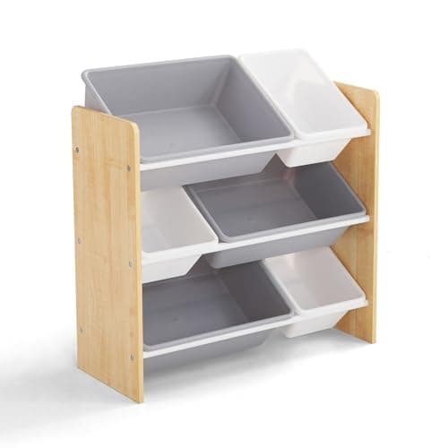 Image of Kidoz Wooden Toy Storage Unit with 6x Removable Toy Boxes - Children's Toy Organiser, 3 Shelves - 2 Sizes of Storage Bins for Toys & Books - Ideal for Bedroom, Nursery or Playroom (Natural Wood)