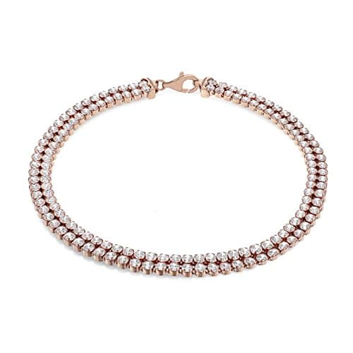 Image of Tuscany Silver Women's Sterling Silver Rose Gold Plated 2 mm Round Cubic Zirconia Double Row Tennis Bracelet of Length 19 cm/7.5 Inch