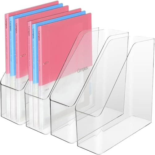 Image of IBEQUEM 4Pcs Clear Acrylic Magazine File Holder, Plastic Vertical File Folder Storage Magazine Rack Bin, Acrylic Magazine Holder, Desk Document Sorter Organizer for Home Office Work Desktop Supplies