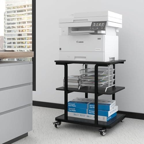 Image of PUNCIA 3-Tier Laser Printer Stand with Storage 60x50x67cm Large Printer Table on Wheels Under Desk Storage Trolley Heavy Duty Rolling Cart Movable Rack Fax Scanner Shelf for Home Office (Black)