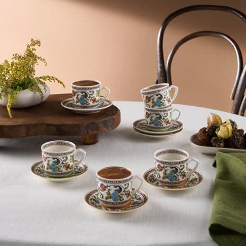 Image of KARACA Yasemen - Bone China Espresso and Turkish Coffee Cup Set for 6, Espresso Cups and Saucers, 80 ml Traditional Coffee Cups Set 12-Piece - Multicolor