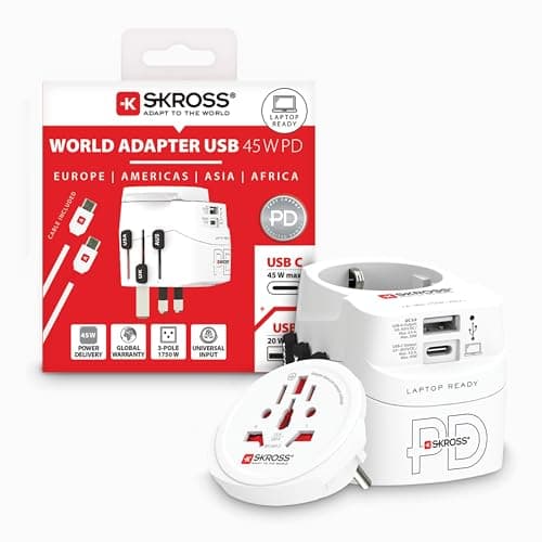 Image of SKROSS PRO Light AC45PD - World, Universal Travel Adapter with Fast Charging, 1 USB C and 1 USB A Port, International Adapter for UK, EU, USA, AUS & More. 160cm Cable Included