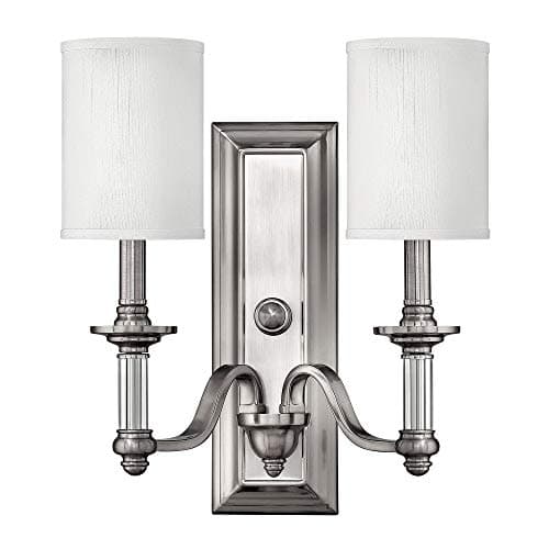 Image of Twin Wall Light - Sconce - Clear Glass Column - White Fabric Shade - Brushed Nickel - LED E14 60W Bulb