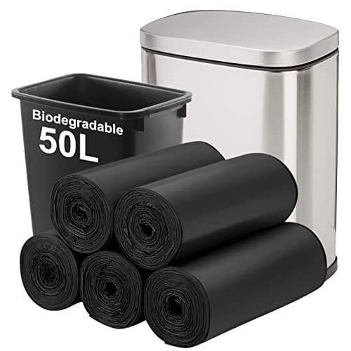 Image of Biodegradable Trash bags 50PCS, Aievrgad 13Gallon/50L large Garbage bags/For kitchen Bin. Bin Liner/Trash/rubbish Bags, 100% Recycled,Tough, degradable, Compost Bags for Food/household-black