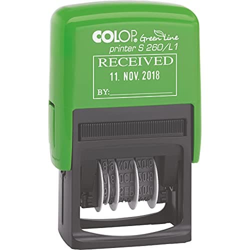 Image of COLOP S260/L1 Green Line RECEIVED Date Stamp | 105639 | Eco-Friendly Text Dater | Self-Inking 45x54mm - Blue & Red Ink