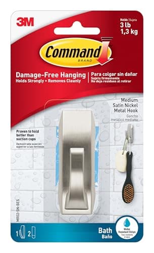 Image of Command Bath Hook, Medium, Satin Nickel Metal - Water Resistant - 1 Medium Hook and 2 Adhesive Strips - Hang Towels, Robes and Other Bathroom Accessories - Ideal to Avoid Drilling Through Tiles