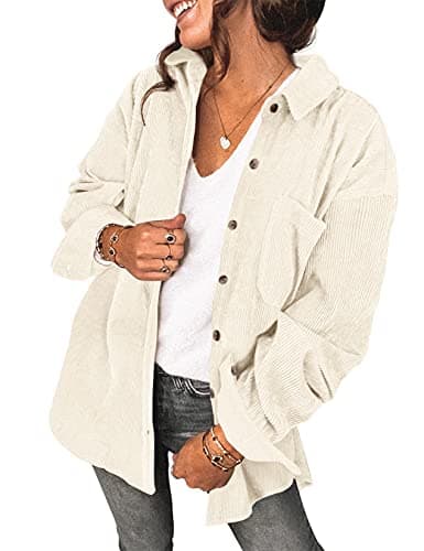 Image of Saslax Womens Corduroy Shirt Long Sleeve Oversized Button Up V Neck Blouses Tops Loose Shacket Jacket, A-beige, XL