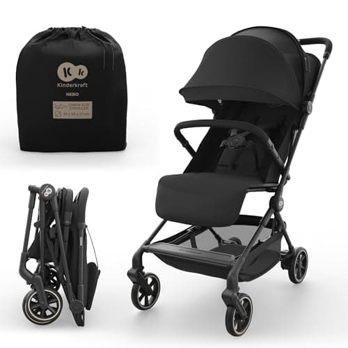 Image of Kinderkraft NEBO Cabin Stroller Ultralight, one-Hand fold, self-Standing When Folded, Cabin-Size 51×43×21 cm, Shoulder Strap + Travel Bag, Lie-Flat Recline, 5-Point Safety Harness, Black