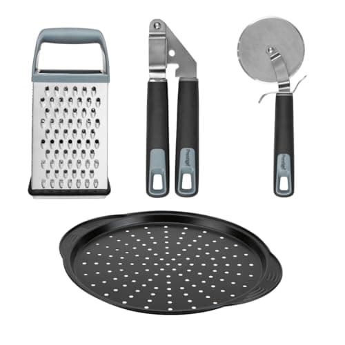 Image of Prestige Pizza Making Utensil Set of 4 – 12" Aerolift Pizza Crisper, Cutting Wheel, Garlic Press & Box Grater – Non-Stick, Dishwasher Safe, Perfect for Homemade Creations