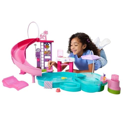 Image of Barbie Dream Pool Playset with 6 Play Areas, Including Slide & Bubbling Hot Tub, Plus 20+ Accessories Like Pet, Floaties & More, JKG83