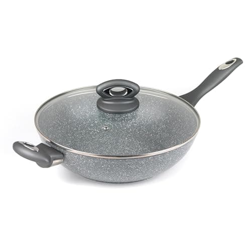 Image of Salter BW02772GEU7 Marblestone 28cm Wok – Non-Stick, Tempered Glass Lid, Grey Marble Effect, PFOA-Free, Corrosion Resistant Forged Aluminium, Suitable for All Hobs, Dishwasher Safe, Stay Cool Handle