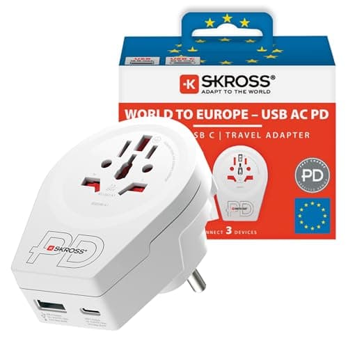Image of Skross World to Europe USB AC20PD Travel Adapter, With 1 USB Type C And 1 USB Type A Port, Fast Charging, Power Delivery, Shock Protection