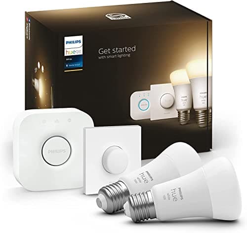 Image of Philips Hue White Smart Light Bulb Starter Kit [E27 Edison Screw] 2 Pack + Smart Button. with Bluetooth. Works with Alexa, Google Assistant, Apple Homekit