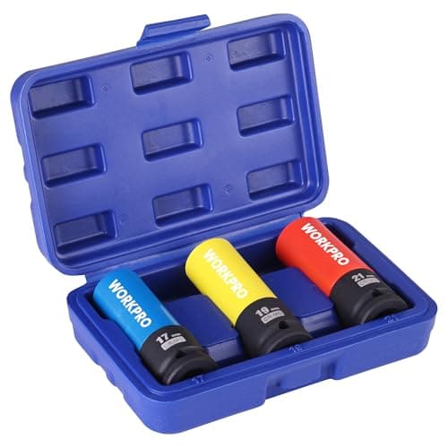 Image of WORKPRO 1/2" Drive Lug Nut Impact Socket Set, 3 Pcs Thin Wall Nut Sockets, Metric Protective Wheel Nut Socket 17 mm, 19 mm, 21 mm with Storage Box, Cr-Mo Steel Sockets for Impact Drill, Torque Wrench