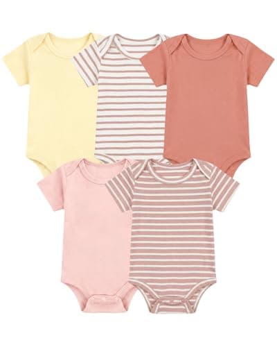 Image of JiAmy 5 Pack Baby Bodysuits 100% Cotton Short Sleeve Baby Grow Vests Summer Newborn Boys Girls Clothes Set for 6-9 Months Pink