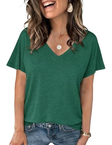 Image of Crewhpo T-Shirt for Women Basic Short Sleeve T Shirts V Neck Solid Colour Tees Summe Casual Loose Lightweight Cotton Tops A-Green