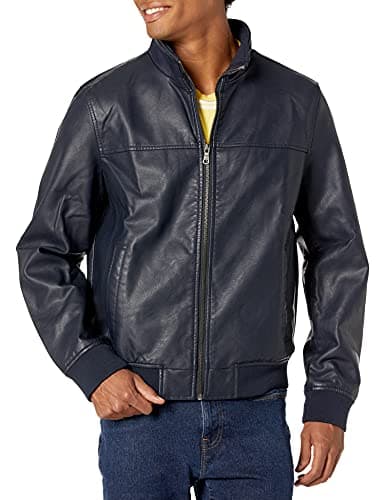 Image of Tommy Hilfiger Men's Smooth Lamb Touch Faux Leather Unfilled Windbreaker Bomber Jacket, Navy, L