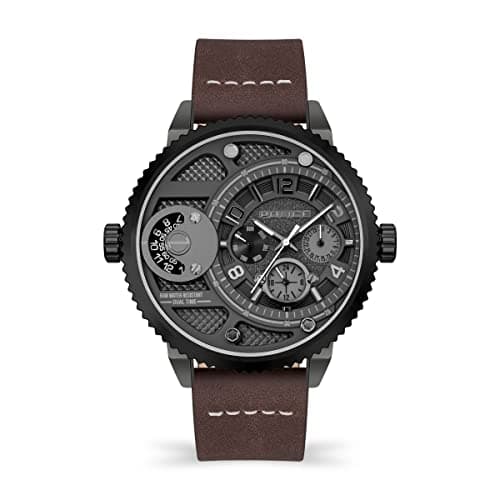 Image of Police Ray Mens Multifunction Watch with Gunmetal Grey Dial and Brown Leather Strap, 51mm Stainless Steel Case in Branded Watch Box PEWJF2195242-2 Year Warranty