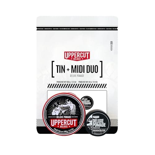 Image of Uppercut Deluxe Deluxe Pomade Tin and Midi Duo, Professional Water Based Pomade to Create Timeless and Classic Looks, Strong Hold and High Shine, 1 x 100g, 1 x 30g