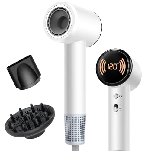 Image of Hair Dryer, Ionic Hairdryer, Travel Hairdryer with Diffuser, Digital Temperature Display, 110,000 RPM High Speed Brushless Motor, Low Nois, Hairdryers for Women Man, Hairdryer for Fast Drying