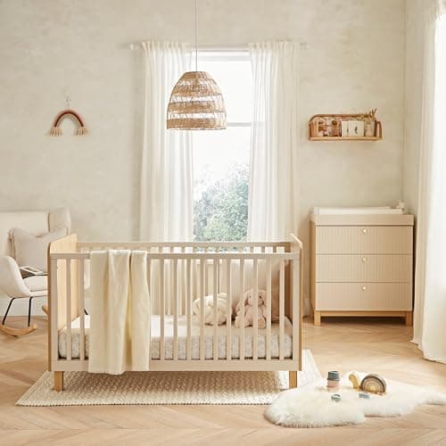 Image of CuddleCo Remi Oak/Cashmere Nursery Furniture Set - Convertible Cot Bed with Adjustable Height & Baby Changing Table with Removable Top, Soft-Close Drawers, Suitable Up to 11kg (2pc)
