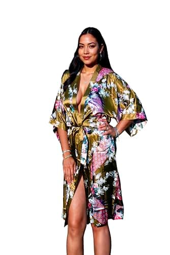 Image of CCcollections Kimono 16 Colours Premium Version Peacock Premium Dressing Gown Robe Satin Silk Feel Cosplay Gift Loungewear , Green Olive, 8 - 16 UK adult