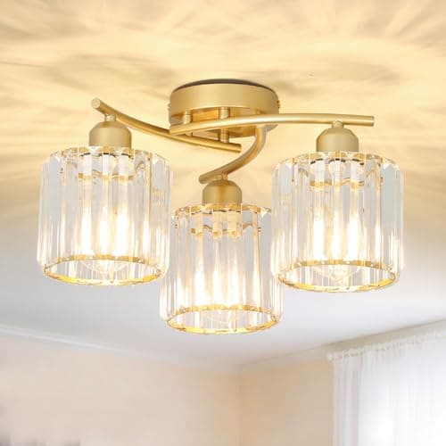 Image of Rayofly Gold Ceiling Lights Living Room, 3-Light Modern Crystal Chandeliers Ceiling Light, Flush Ceiling Lamp Fitting with Glass Lampshade, Gold Crystal Chandelier for Hallway, Bathroom, Kitchen