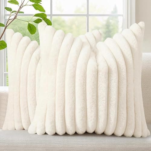 Image of decorUhome Faux Fur Cushion Covers 45x45 cm Set of 2, Decorative Soft Plush Striped Neutral Pillow case 18X18 Inch with Velvet Back for Sofa, Bed, Living Room Home Decor, Cream White