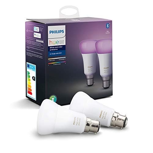 Image of Philips Hue White and Colour Ambiance LED Smart Light Bulb 2 Pack [B22 Bayonet Cap] 60W Equivalent, with Bluetooth, Works with Alexa, Google Assistant and Apple Homekit.