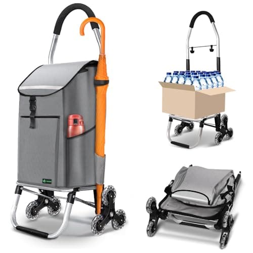 Image of VOUNOT® Folding Shopping Trolley on 6 Wheels, Aluminium Lightweight Shopping Cart with Insulated Cooling Bag, 2 Hooks, 2 Side Pockets, Stair Climbing Grocery Trolley, 58L Grey