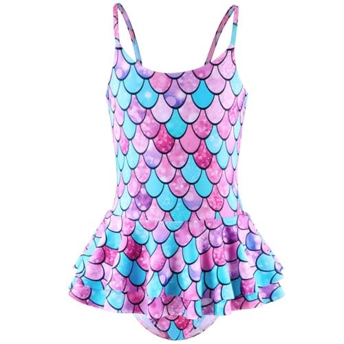 Image of JiAmy Girls One Piece Swimsuit Adjustable Straps Swimming Costume Kids Swimwear Bathing Suit for Kids Purple Mermaid 10-12 Years