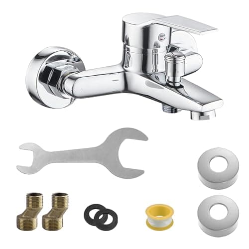 Image of Oupados Silver Wall Mounted Bathtub Shower Mixer Tap, Single Lever Surface-Mounted Exposed Faucet with Filler Spout,1/2 Inch Shower Outlet, 180mm Centres & 8 Mounting Accessories for Bathroom Tub