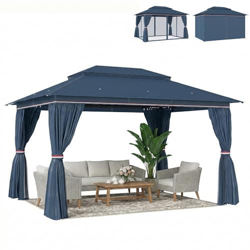 Image of Outsunny 3 x 4 m Outdoor Garden Gazebo with Netting and Curtains, UPF50+ Double Roof Patio Gazebo Permanent Pavilion Canopy Shelter with Metal Frame, Drainage Holes, Dark Blue