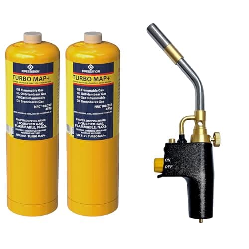 Image of Super Total Fire Blow Torch Kit and 2 x Mapp+ Gas Cylinder | Blowtorch & Map Gas Canisters for Soldering Brazing Thawing Heat Treatment | Gas Blow Torch Plus Gas Map+ Gas Included | Trade Pack