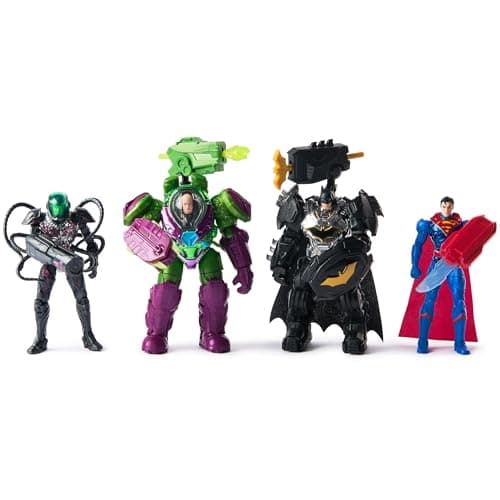 Image of DC Comics, Metal Force Team Up Brainiac and Lex Luthor vs Batman and Superman Set, 10-cm Action Figures with Exclusive Accessories, Includes Character Cards, Kids’ Toys for Boys and Girls Aged 4+